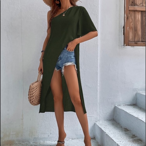 Boho Green Plain One Shoulder Asymmetrical Hem Blouse - Picture 2 of 13